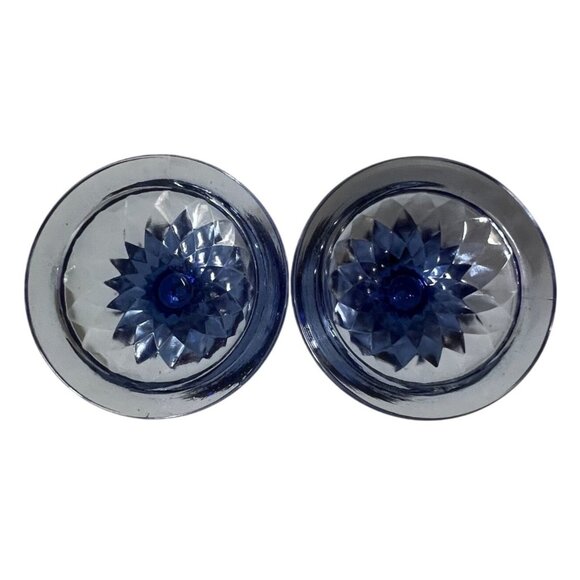 Vtg 2 Fenton Blue Pedestal Glass Candle Holders Diamond Optic Scalloped Rim - Picture 6 of 12